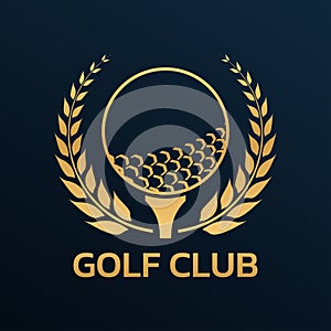 Golf club logo, badge or icon with ball on tee and laurel wreath. Vector illustration.